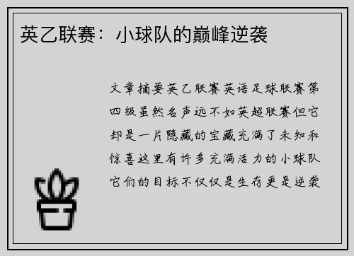 英乙联赛：小球队的巅峰逆袭